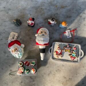 Various Christmas ornaments and a wine stopper